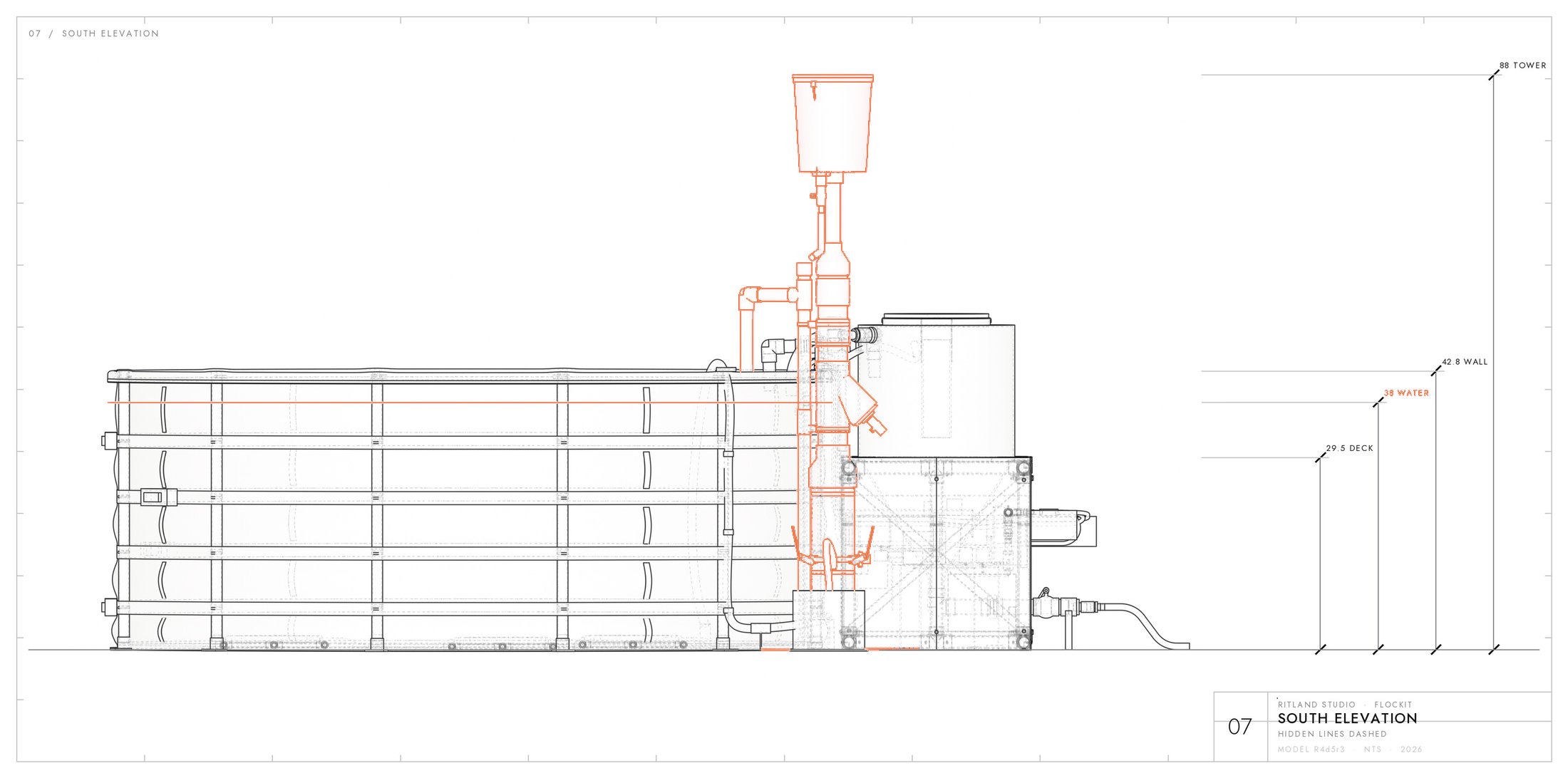 South elevation line drawing of the FlocKit 1500 with tower, wall and water-line dimensions.