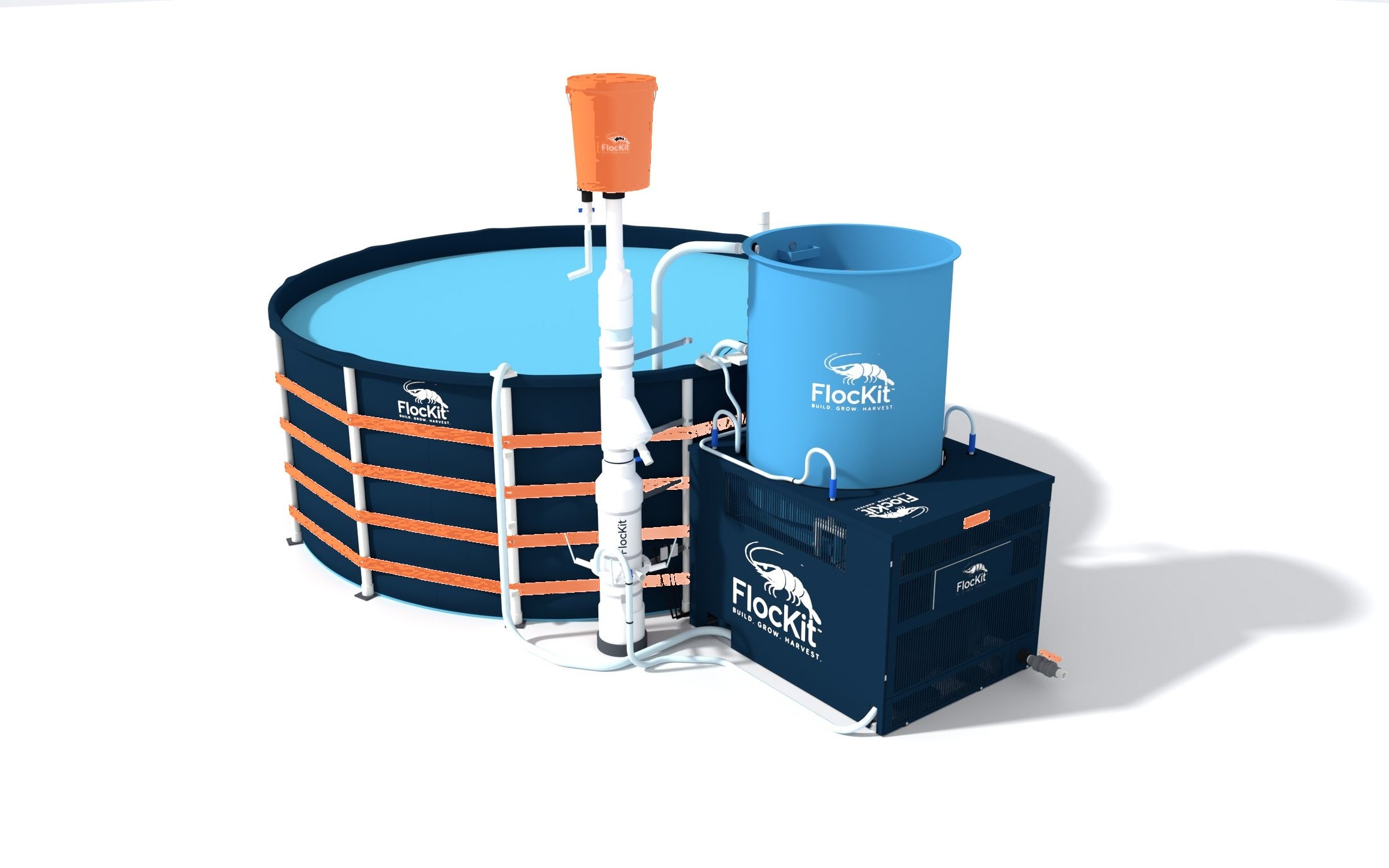 Line render of the FlocKit 1500: a round tensile-liner tank, a foam fractionator and a settling tank beside its equipment box, on a white background.